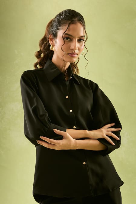 Buy Naintara Bajaj Black Neoprene, Lycra Collared Puffed Sleeves Shirt And Pant Set Online at Aza Fashions Buy_Naintara Bajaj_Black Neoprene, Lycra Collared Puffed Sleeves Shirt And Pant Set _Online_at_Aza_Fashions