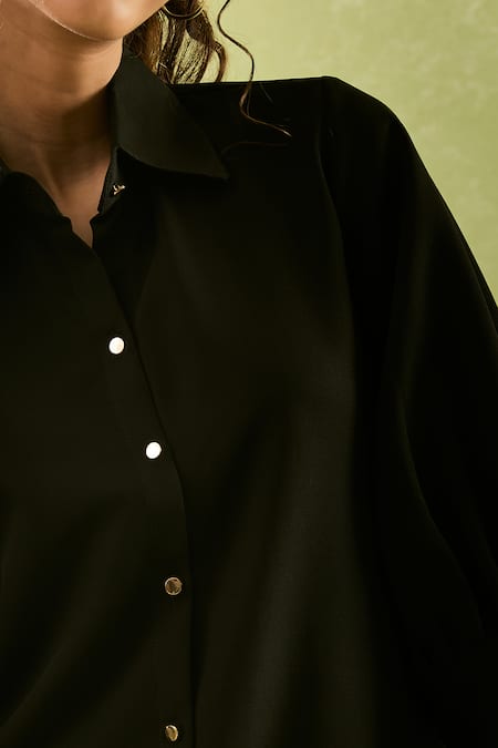 Shop Naintara Bajaj Black Neoprene, Lycra Collared Puffed Sleeves Shirt And Pant Set Online at Aza Fashions Shop_Naintara Bajaj_Black Neoprene, Lycra Collared Puffed Sleeves Shirt And Pant Set _Online_at_Aza_Fashions