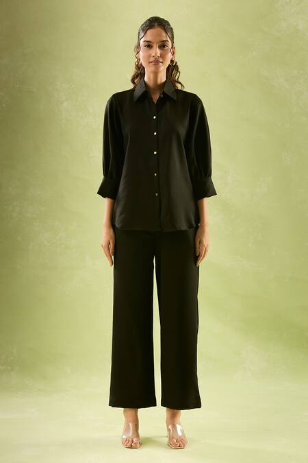 Naintara Bajaj Black Neoprene, Lycra Collared Puffed Sleeves Shirt And Pant Set at Aza Fashions Naintara Bajaj_Black Neoprene, Lycra Collared Puffed Sleeves Shirt And Pant Set _at_Aza_Fashions