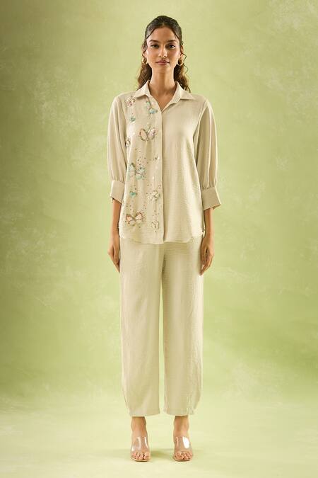 Samyukta Singhania_Cream Linen Embroidery, Sequins Collared Butterfly Pant Set_at_Aza_Fashions