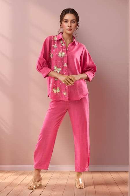 Samyukta Singhania Pink Imported Soft Linen Embroidery Sequin Butterfly Embellished Shirt With Pant 