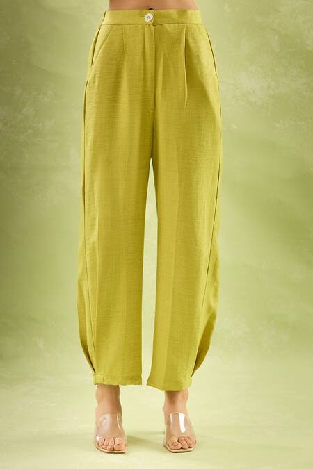 Buy_Samyukta Singhania_Yellow Linen Sequins Collared Butterfly Bloom Shirt And Pant Set_Online_at_Aza_Fashions