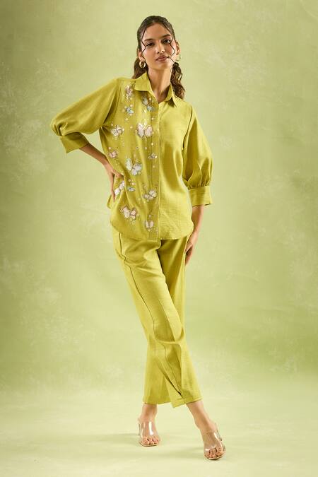 Shop_Samyukta Singhania_Yellow Linen Sequins Collared Butterfly Bloom Shirt And Pant Set_Online_at_Aza_Fashions