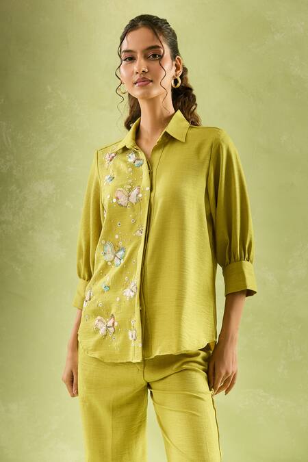 Samyukta Singhania_Yellow Linen Sequins Collared Butterfly Bloom Shirt And Pant Set_at_Aza_Fashions