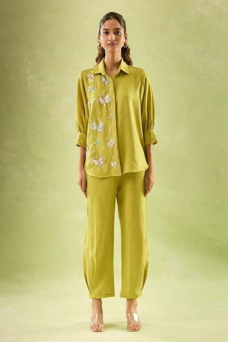 Buy_Samyukta Singhania_Yellow Linen Sequins Collared Butterfly Bloom Shirt And Pant Set