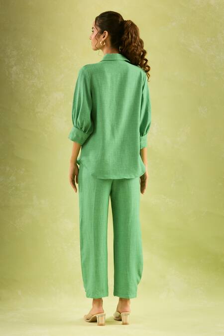 Shop Samyukta Singhania Green Linen Sequins Collared Butterfly Blossom Shirt And Pant Set at Aza Fashions Shop_Samyukta Singhania_Green Linen Sequins Collared Butterfly Blossom Shirt And Pant Set_at_Aza_Fashions