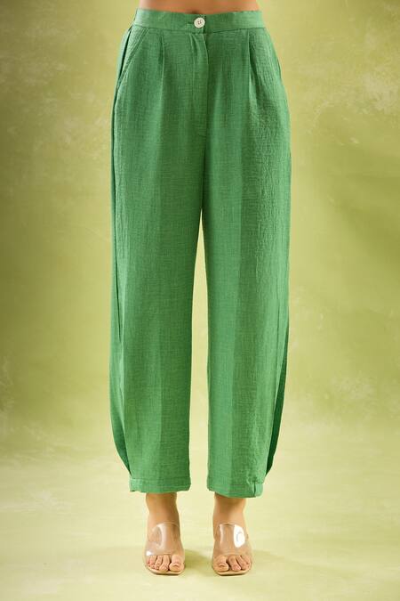 Samyukta Singhania Green Linen Sequins Collared Butterfly Blossom Shirt And Pant Set Online at Aza Fashions Samyukta Singhania_Green Linen Sequins Collared Butterfly Blossom Shirt And Pant Set_Online_at_Aza_Fashions