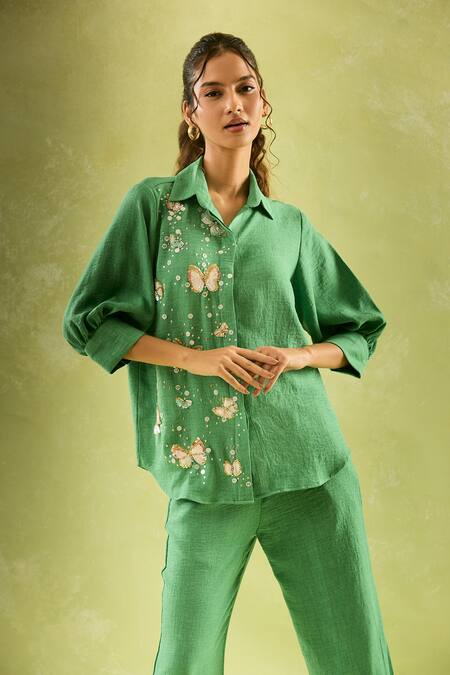 Buy Samyukta Singhania Green Linen Sequins Collared Butterfly Blossom Shirt And Pant Set Online at Aza Fashions Buy_Samyukta Singhania_Green Linen Sequins Collared Butterfly Blossom Shirt And Pant Set_Online_at_Aza_Fashions