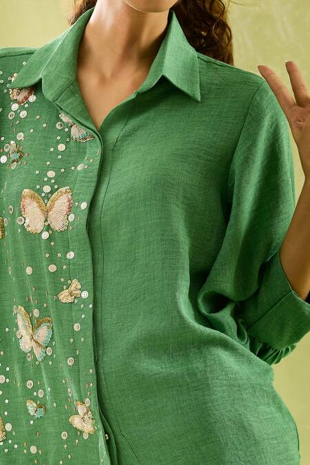 Shop Samyukta Singhania Green Linen Sequins Collared Butterfly Blossom Shirt And Pant Set Online at Aza Fashions Shop_Samyukta Singhania_Green Linen Sequins Collared Butterfly Blossom Shirt And Pant Set_Online_at_Aza_Fashions