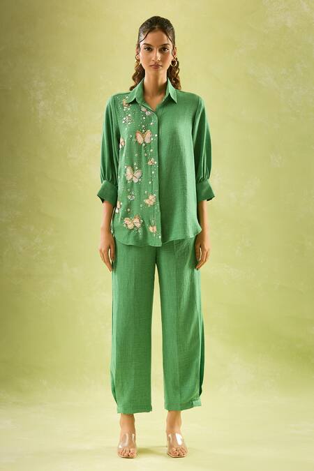 Samyukta Singhania Green Linen Sequins Collared Butterfly Blossom Shirt And Pant Set at Aza Fashions Samyukta Singhania_Green Linen Sequins Collared Butterfly Blossom Shirt And Pant Set_at_Aza_Fashions