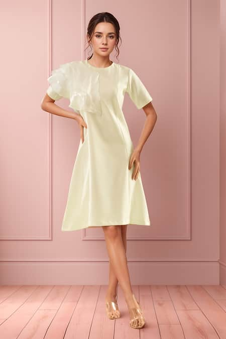 Samyukta Singhania Solid Asymmetric Ruffled Sleeves Midi Dress 