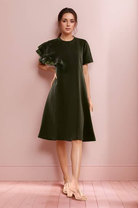 Samyukta Singhania Plain Asymmetric Ruffled Sleeves Midi Dress 