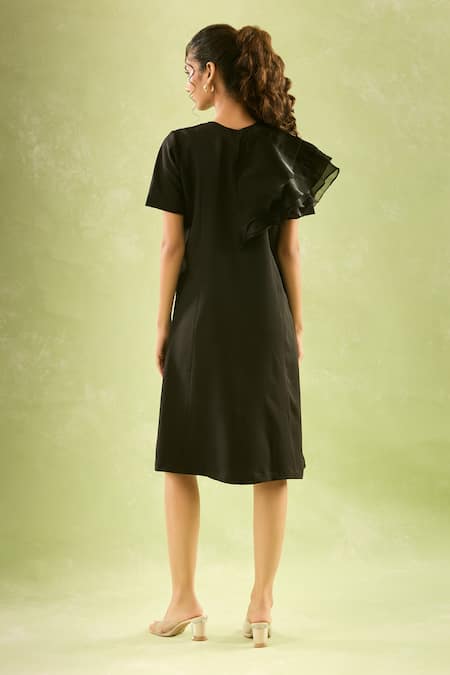 Naintara Bajaj Solid Asymmetric Ruffled Sleeve Midi Dress 