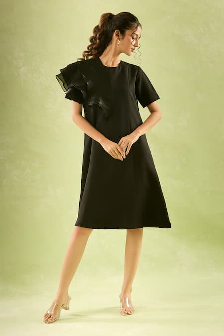 Shop_Naintara Bajaj_Black Neoprene Round Neck Solid Asymmetric Ruffled Sleeve Midi Dress _Online_at_Aza_Fashions