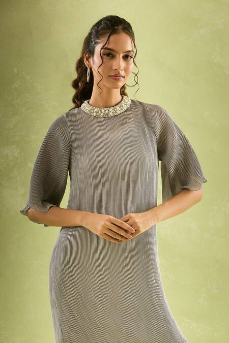 Samyukta Singhania_Gray Neoprene, Lycra Pearls Round Neck Embroidered Flared Sleeves Midi Dress_Online_at_Aza_Fashions