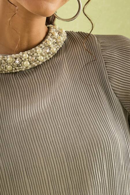 Buy_Samyukta Singhania_Gray Neoprene, Lycra Pearls Round Neck Embroidered Flared Sleeves Midi Dress_Online_at_Aza_Fashions