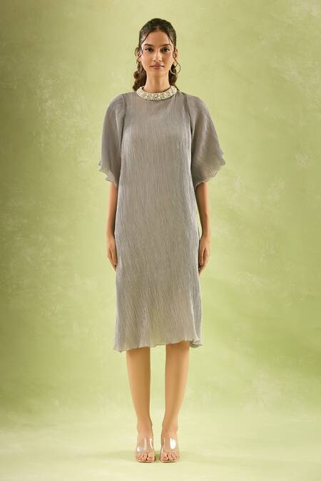 Samyukta Singhania_Gray Neoprene, Lycra Pearls Round Neck Embroidered Flared Sleeves Midi Dress_at_Aza_Fashions