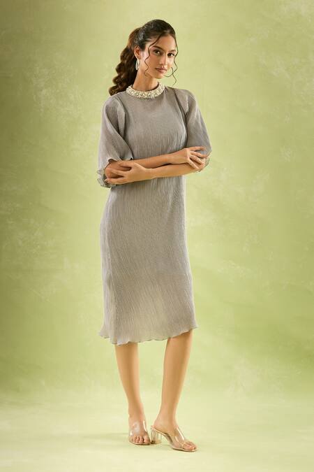Buy_Samyukta Singhania_Gray Neoprene, Lycra Pearls Round Neck Embroidered Flared Sleeves Midi Dress