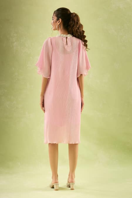 Samyukta Singhania_Pink Neoprene, Lycra Pearls Round Neck Embellished Flared Sleeve Midi Dress _Online_at_Aza_Fashions