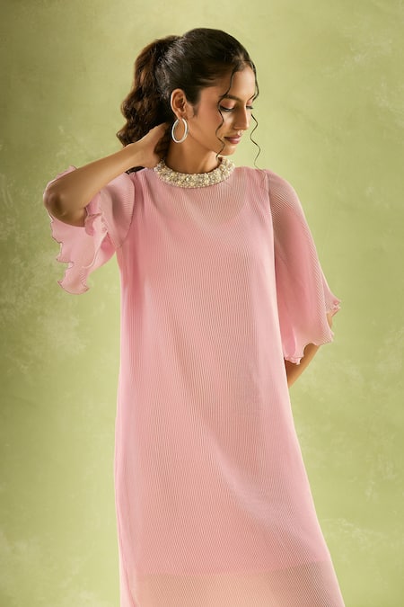 Buy_Samyukta Singhania_Pink Neoprene, Lycra Pearls Round Neck Embellished Flared Sleeve Midi Dress _Online_at_Aza_Fashions