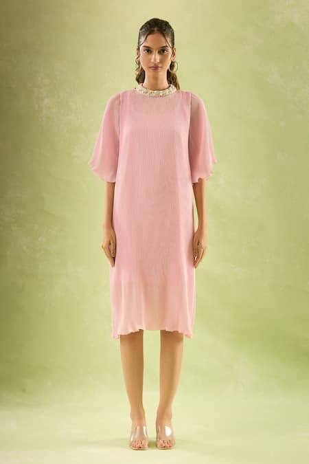 Samyukta Singhania_Pink Neoprene, Lycra Pearls Round Neck Embellished Flared Sleeve Midi Dress _at_Aza_Fashions