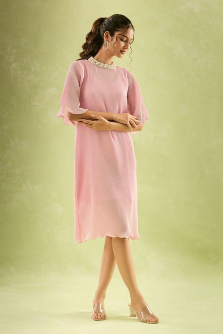 Buy_Samyukta Singhania_Pink Neoprene, Lycra Pearls Round Neck Embellished Flared Sleeve Midi Dress 