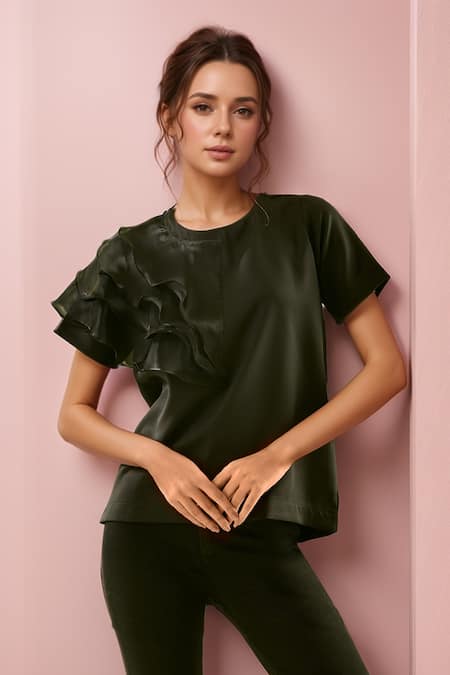 Samyukta Singhania Solid Asymmetric Ruffled Sleeves Top 