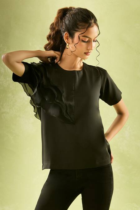 Naintara Bajaj_Black Neoprene Round Neck Asymmetric Ruffled Sleeve Top _Online_at_Aza_Fashions
