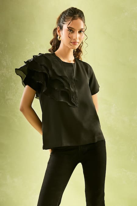 Buy_Naintara Bajaj_Black Neoprene Round Neck Asymmetric Ruffled Sleeve Top _Online_at_Aza_Fashions