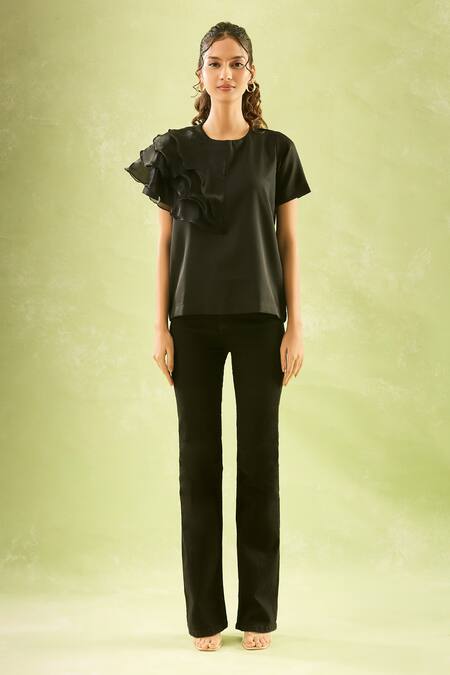 Shop_Naintara Bajaj_Black Neoprene Round Neck Asymmetric Ruffled Sleeve Top _Online_at_Aza_Fashions