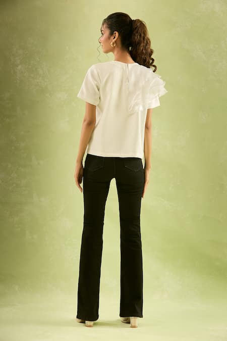 Naintara Bajaj White Asymmetric Ruffled Sleeve Top 