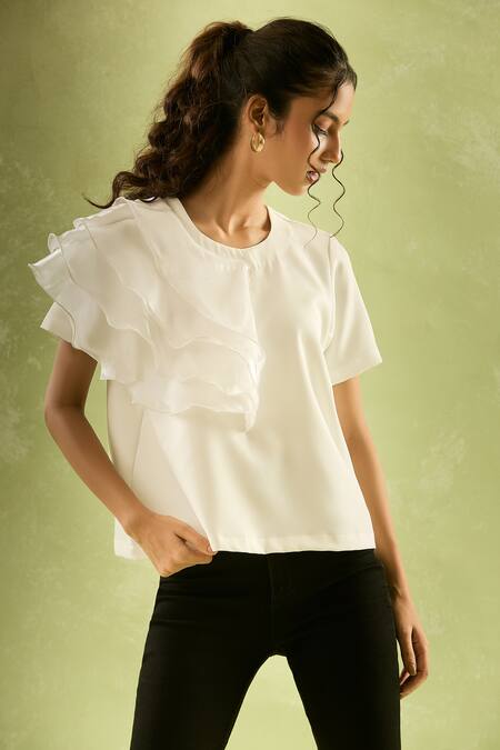 Naintara Bajaj_White Neoprene, Lycra Round Neck Asymmetric Ruffled Sleeve Top _Online_at_Aza_Fashions