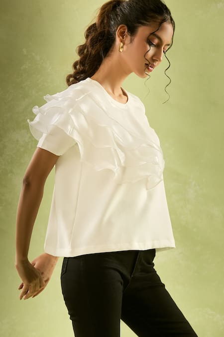 Buy_Naintara Bajaj_White Neoprene, Lycra Round Neck Asymmetric Ruffled Sleeve Top _Online_at_Aza_Fashions