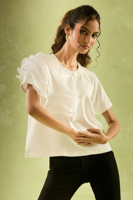 Shop_Naintara Bajaj_White Neoprene, Lycra Round Neck Asymmetric Ruffled Sleeve Top _Online_at_Aza_Fashions