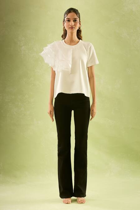 Naintara Bajaj_White Neoprene, Lycra Round Neck Asymmetric Ruffled Sleeve Top _at_Aza_Fashions