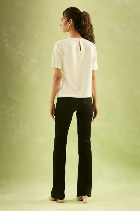 Buy_Naintara Bajaj_White Neoprene, Lycra Round Neck Asymmetric Ruffled Sleeve Top 