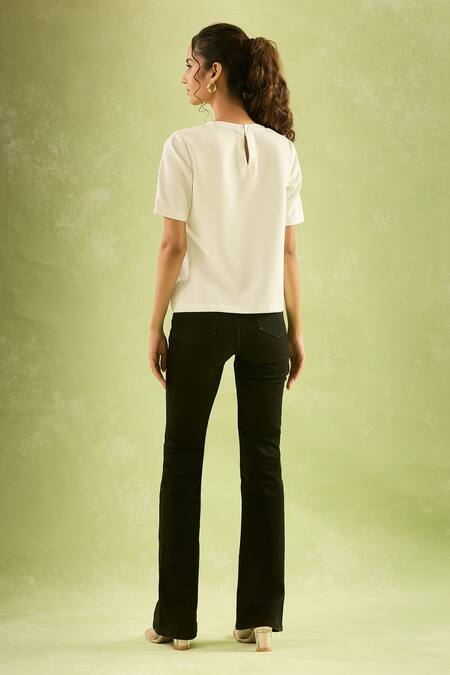 Shop Samyukta Singhania White Neoprene, Lycra Beads Round Neck Ribbon Embroidered Top at Aza Fashions Shop_Samyukta Singhania_White Neoprene, Lycra Beads Round Neck Ribbon Embroidered Top_at_Aza_Fashions