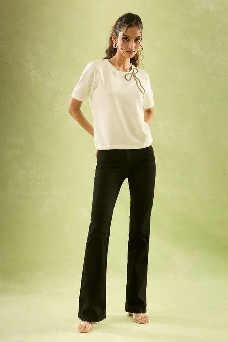 Samyukta Singhania White Neoprene, Lycra Beads Round Neck Ribbon Embroidered Top Online at Aza Fashions Samyukta Singhania_White Neoprene, Lycra Beads Round Neck Ribbon Embroidered Top_Online_at_Aza_Fashions