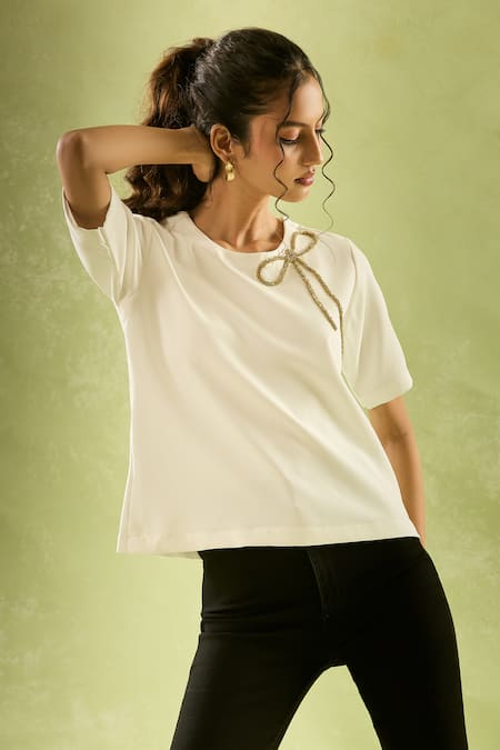 Shop Samyukta Singhania White Neoprene, Lycra Beads Round Neck Ribbon Embroidered Top Online at Aza Fashions Shop_Samyukta Singhania_White Neoprene, Lycra Beads Round Neck Ribbon Embroidered Top_Online_at_Aza_Fashions