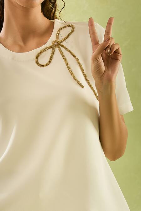 Samyukta Singhania White Neoprene, Lycra Beads Round Neck Ribbon Embroidered Top at Aza Fashions Samyukta Singhania_White Neoprene, Lycra Beads Round Neck Ribbon Embroidered Top_at_Aza_Fashions