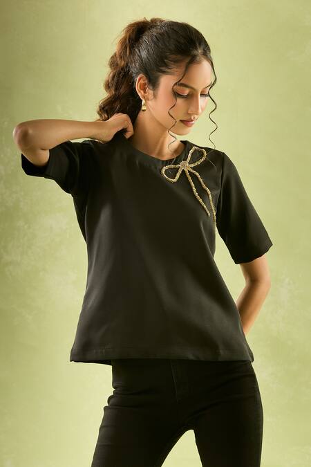 Samyukta Singhania_Black Neoprene, Lycra Beads Round Neck Ribbon Embroidered Top_Online_at_Aza_Fashions