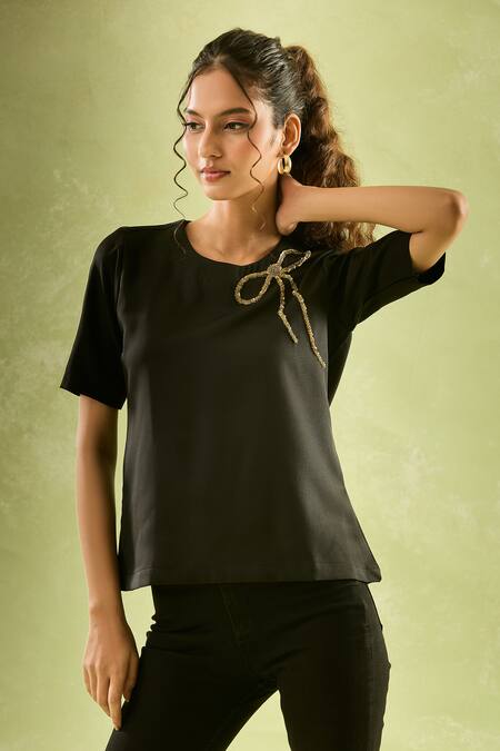 Buy_Samyukta Singhania_Black Neoprene, Lycra Beads Round Neck Ribbon Embroidered Top_Online_at_Aza_Fashions