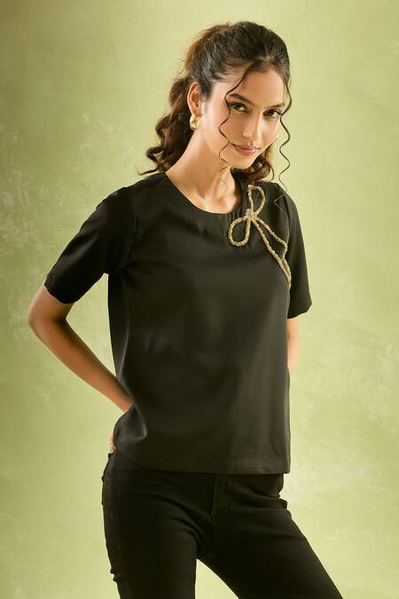 Shop_Samyukta Singhania_Black Neoprene, Lycra Beads Round Neck Ribbon Embroidered Top_Online_at_Aza_Fashions