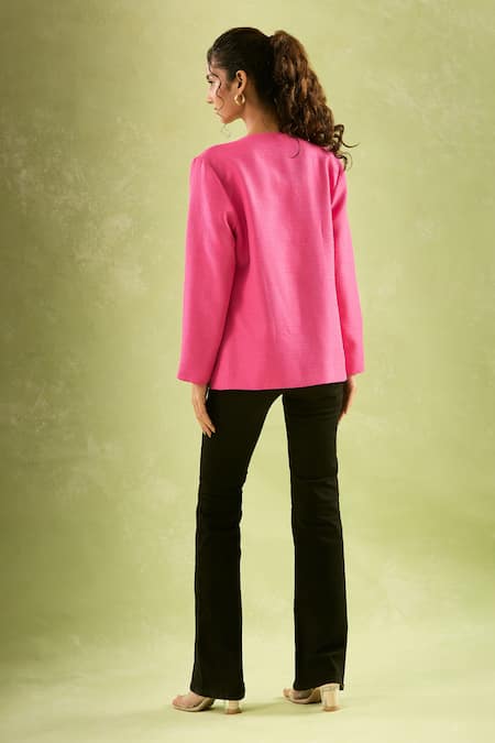 Shop Samyukta Singhania Pink Cotton, Linen Open Neck Solid Full Sleeves Jacket at Aza Fashions Shop_Samyukta Singhania_Pink Cotton, Linen Open Neck Solid Full Sleeves Jacket_at_Aza_Fashions
