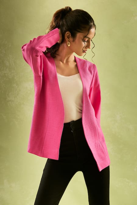 Samyukta Singhania Pink Cotton, Linen Open Neck Solid Full Sleeves Jacket Online at Aza Fashions Samyukta Singhania_Pink Cotton, Linen Open Neck Solid Full Sleeves Jacket_Online_at_Aza_Fashions