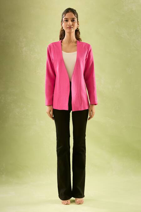 Shop Samyukta Singhania Pink Cotton, Linen Open Neck Solid Full Sleeves Jacket Online at Aza Fashions Shop_Samyukta Singhania_Pink Cotton, Linen Open Neck Solid Full Sleeves Jacket_Online_at_Aza_Fashions