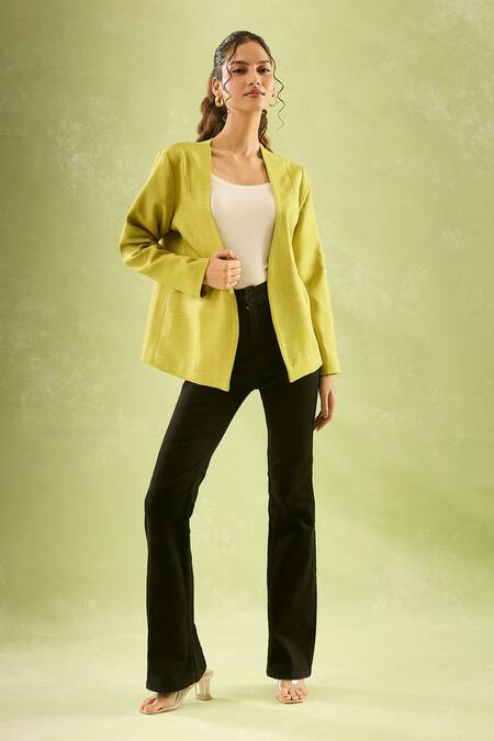 Samyukta Singhania_Green Cotton, Linen Open Neck Lime Full Sleeves Jacket_Online_at_Aza_Fashions