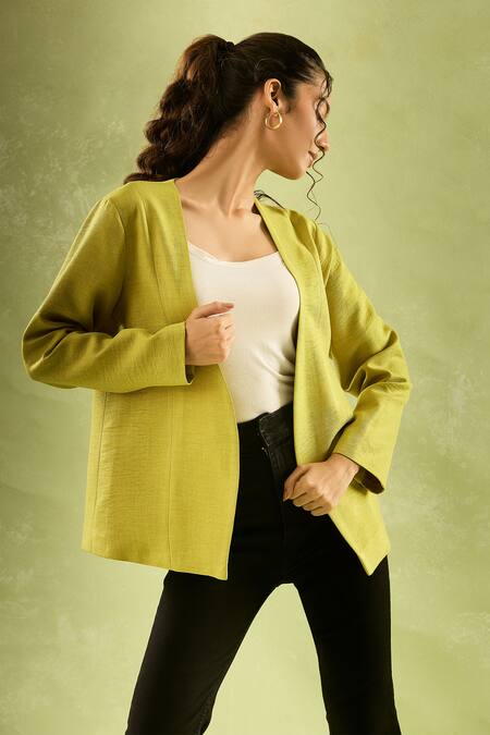 Buy_Samyukta Singhania_Green Cotton, Linen Open Neck Lime Full Sleeves Jacket_Online_at_Aza_Fashions