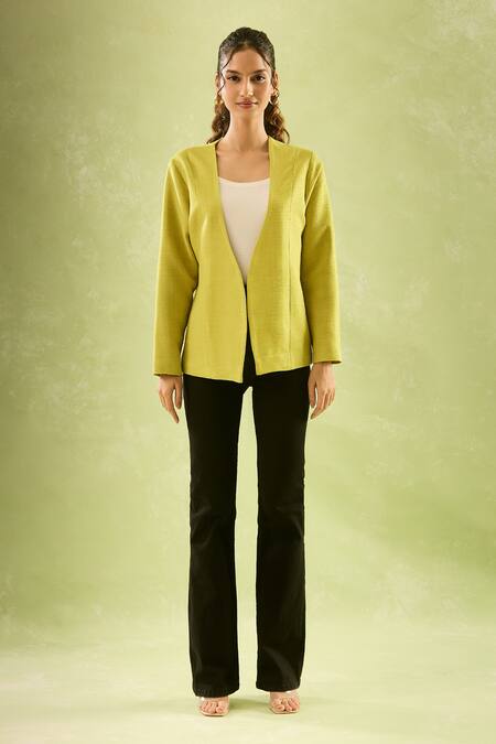 Shop_Samyukta Singhania_Green Cotton, Linen Open Neck Lime Full Sleeves Jacket_Online_at_Aza_Fashions
