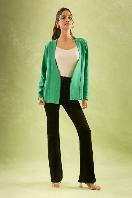 Shop Samyukta Singhania Green Cotton, Linen Open Neck Jacket at Aza Fashions Shop_Samyukta Singhania_Green Cotton, Linen Open Neck Jacket_at_Aza_Fashions